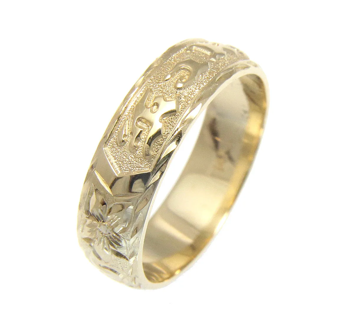 14K YELLOW GOLD CUSTOM MADE HAWAIIAN PLUMERIA SCROLL RING RAISED LETTER 6MM