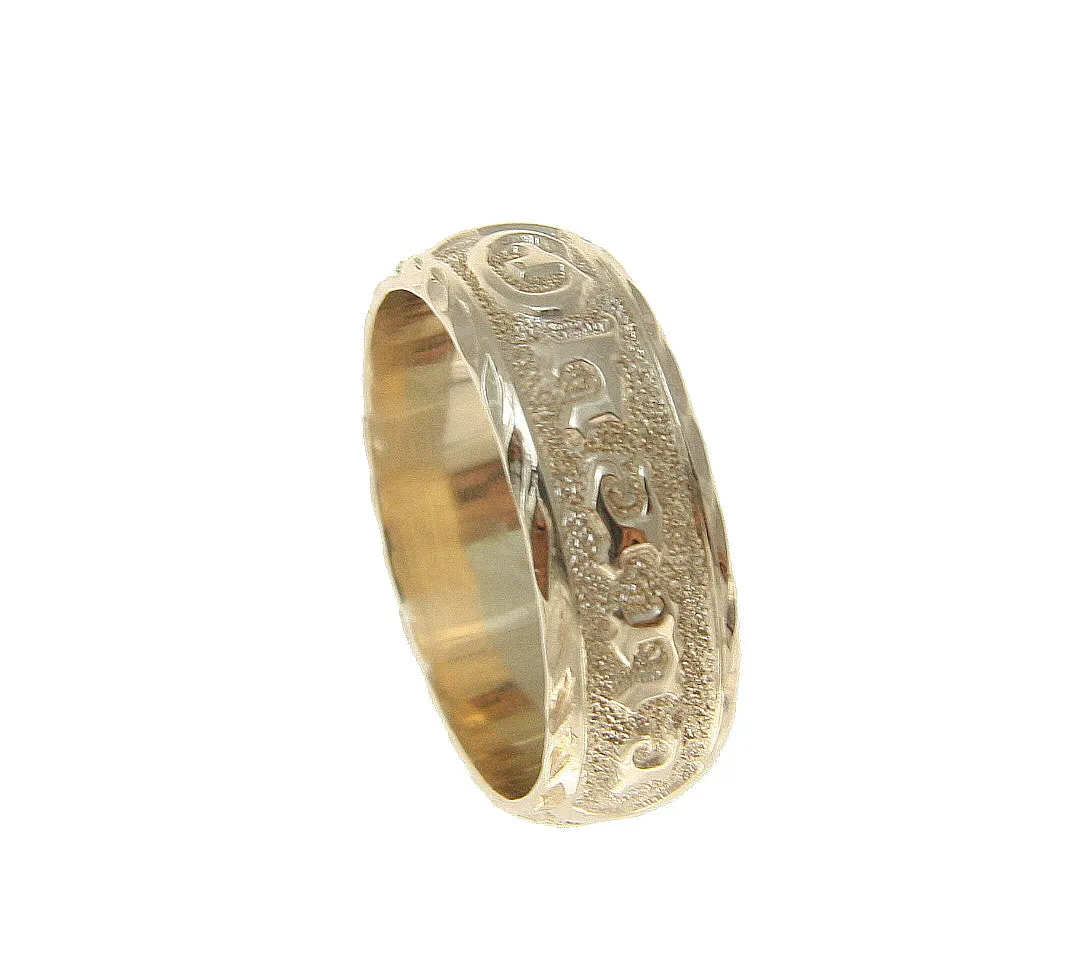 14K YELLOW GOLD CUSTOM MADE HAWAIIAN PLUMERIA SCROLL RING RAISED LETTER 6MM