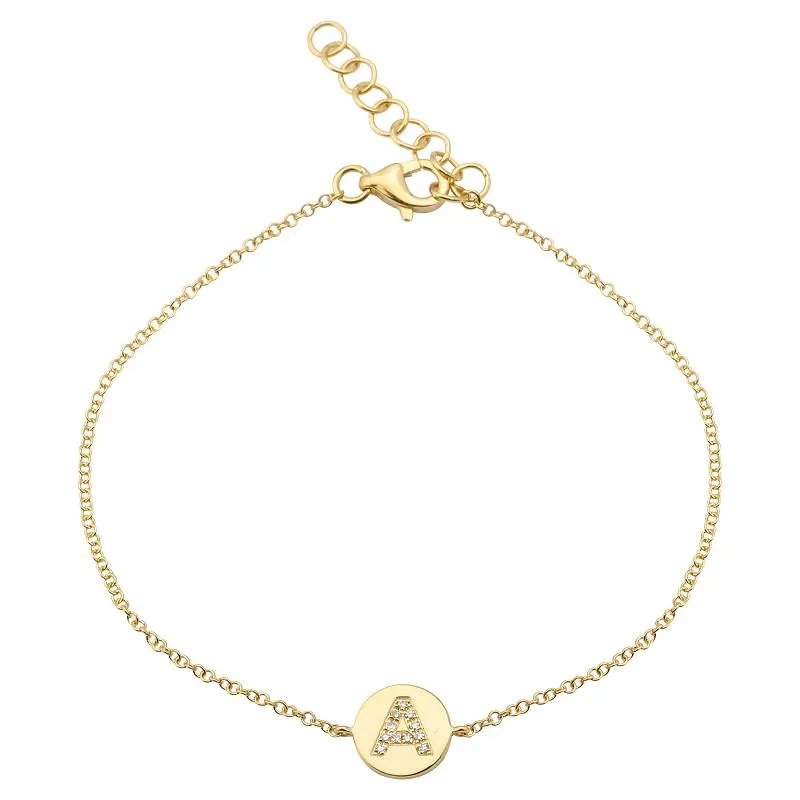 14k Yellow Gold Diamond Initial on plate Bracelet