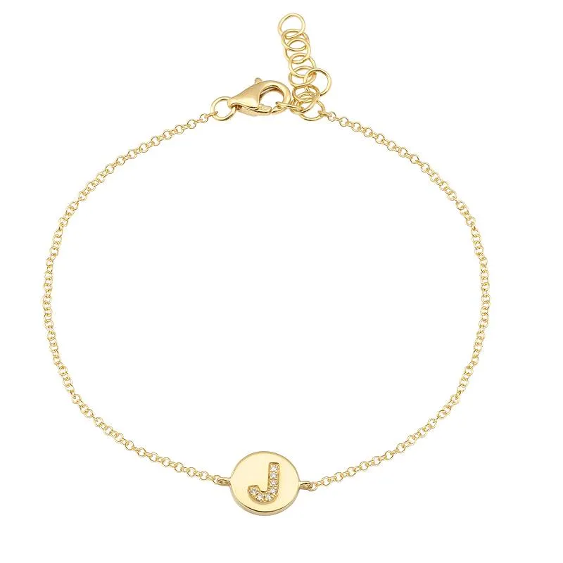 14k Yellow Gold Diamond Initial on plate Bracelet