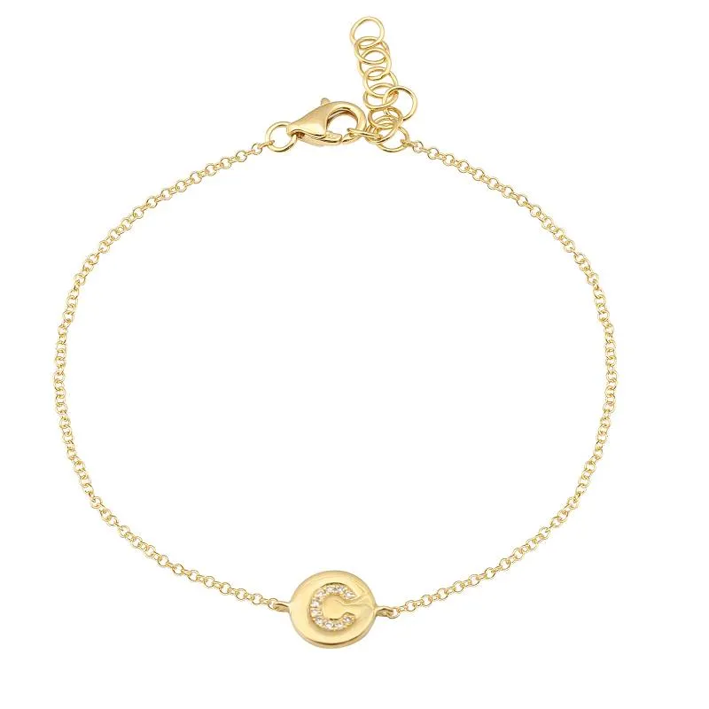 14k Yellow Gold Diamond Initial on plate Bracelet