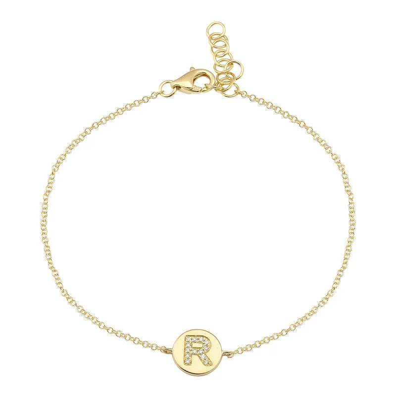 14k Yellow Gold Diamond Initial on plate Bracelet