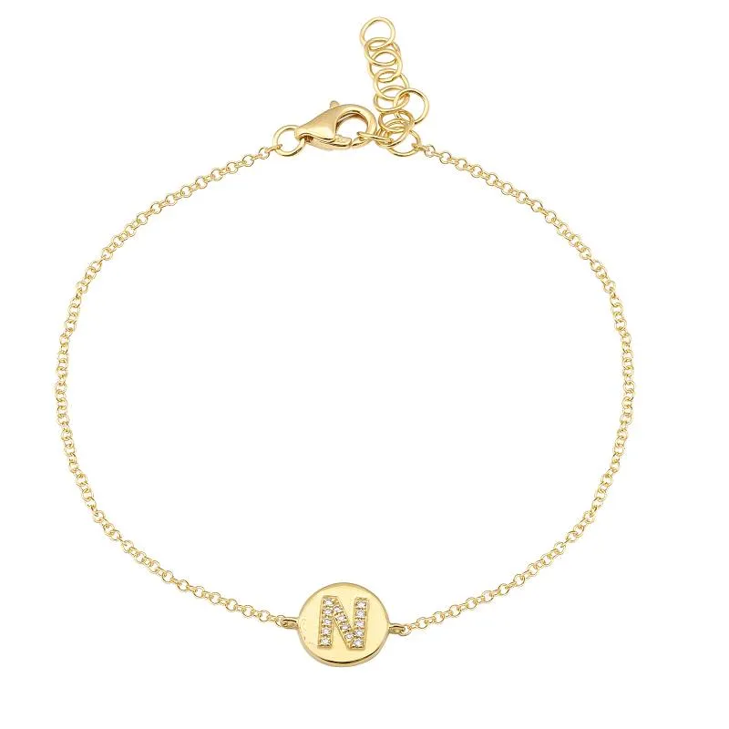14k Yellow Gold Diamond Initial on plate Bracelet