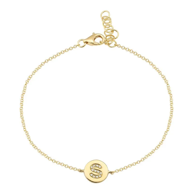 14k Yellow Gold Diamond Initial on plate Bracelet