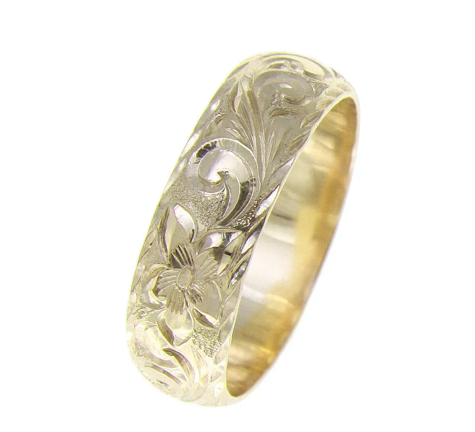 14K YELLOW GOLD HAND ENGRAVED HAWAIIAN PLUMERIA SCROLL RING DIAMOND CUT EDGE 6MM