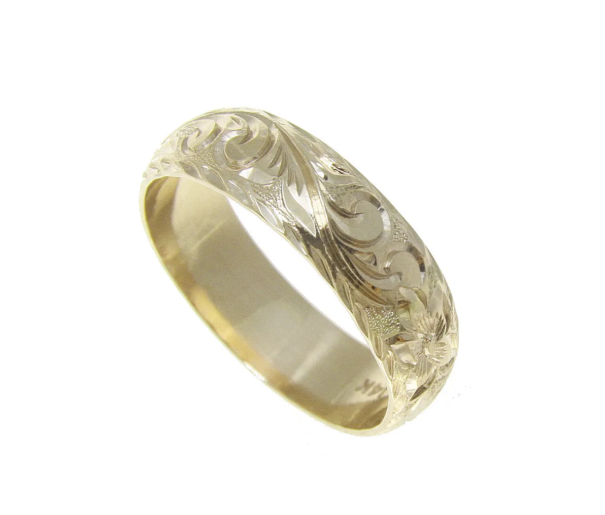 14K YELLOW GOLD HAND ENGRAVED HAWAIIAN PLUMERIA SCROLL RING DIAMOND CUT EDGE 6MM