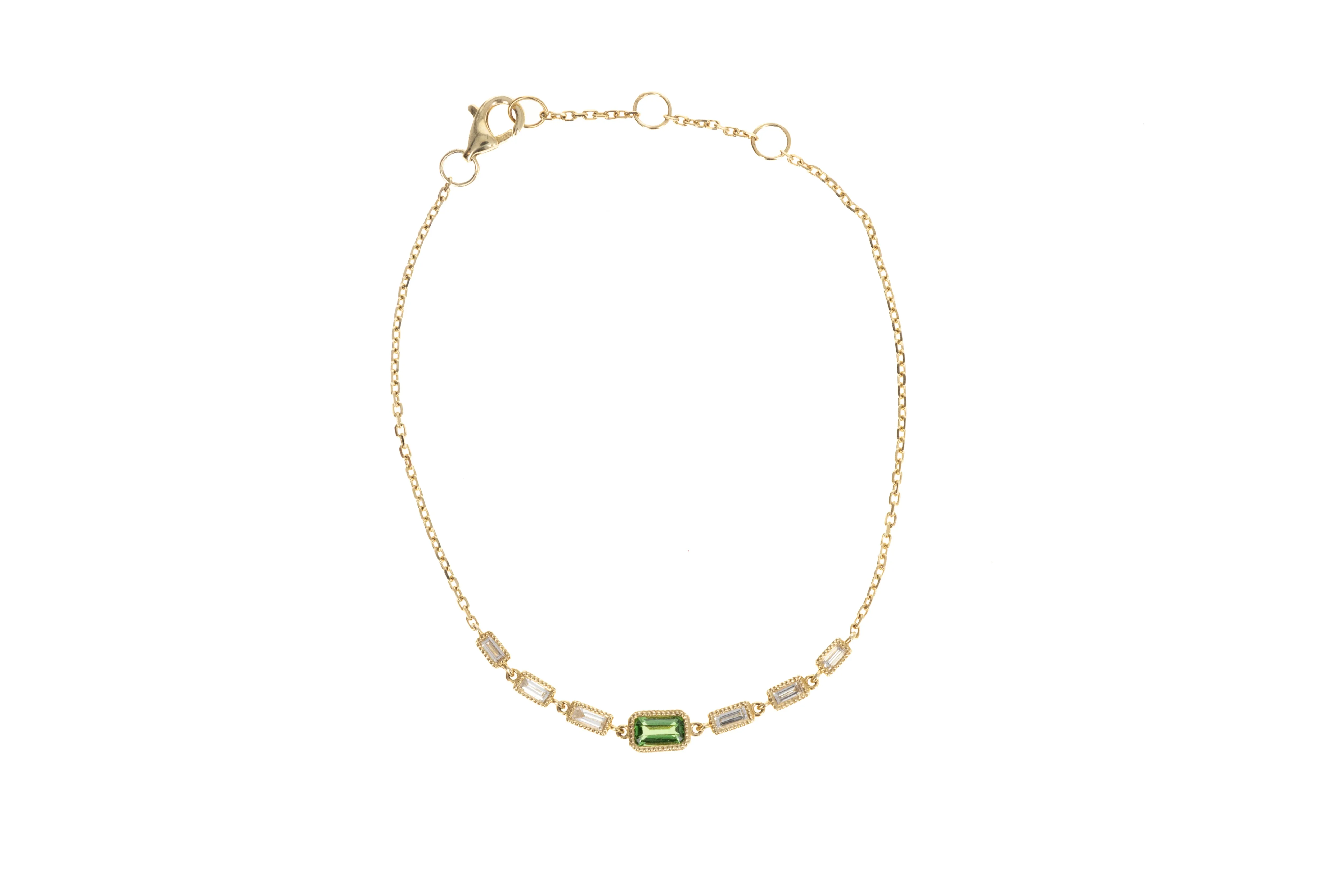 14K Yellow Gold Tsavorite Garnet Baguette Diamond Station Bracelet
