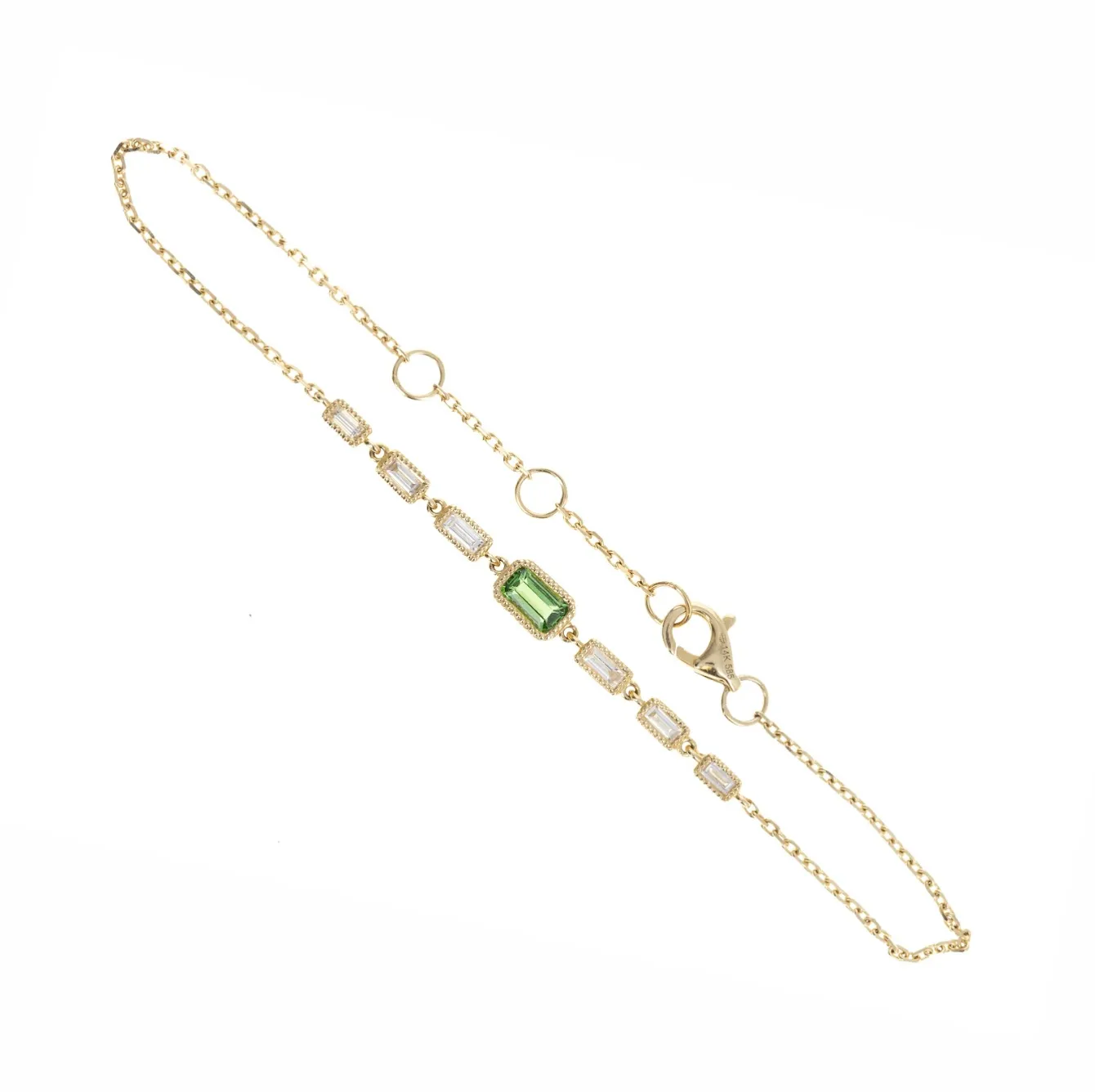 14K Yellow Gold Tsavorite Garnet Baguette Diamond Station Bracelet