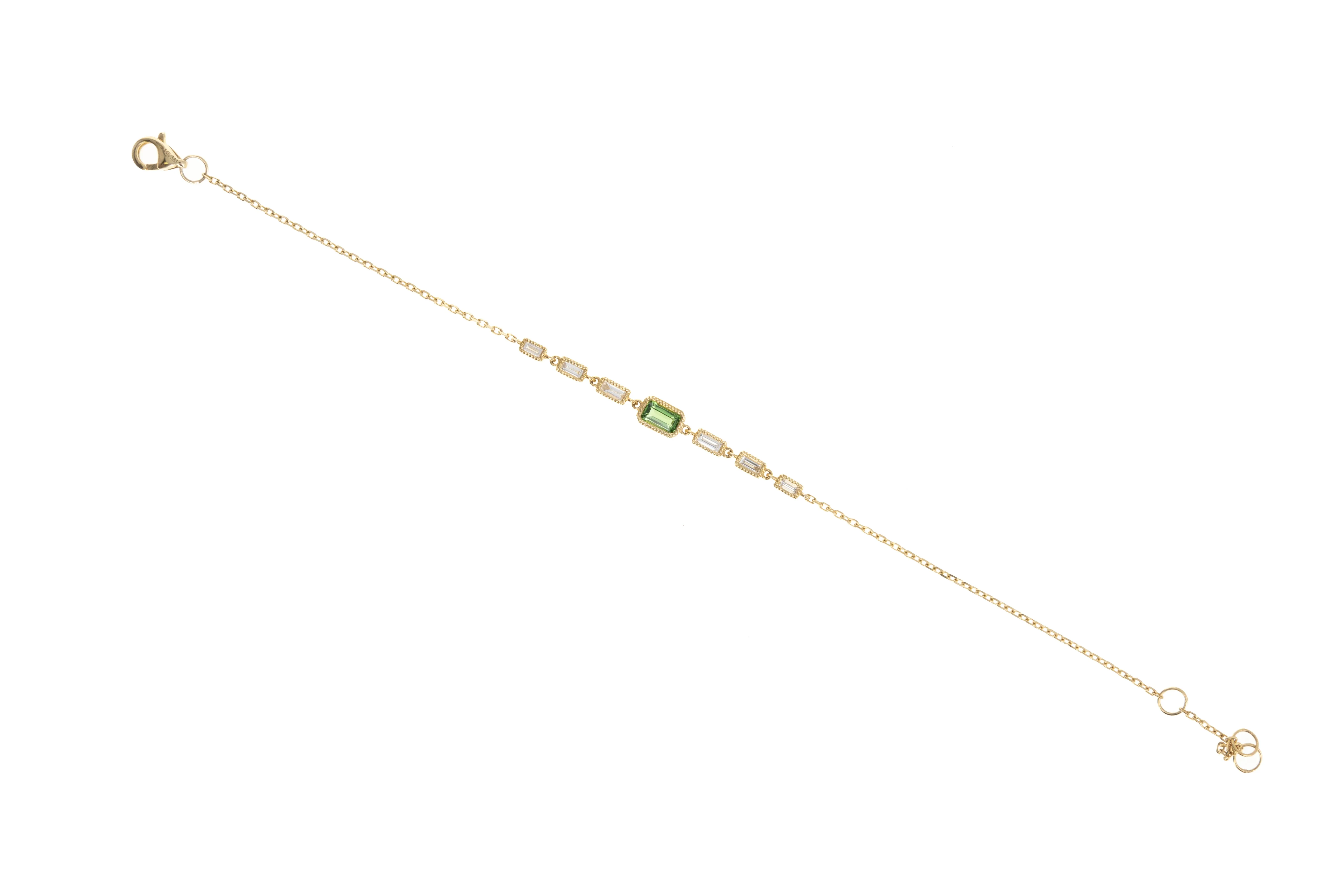 14K Yellow Gold Tsavorite Garnet Baguette Diamond Station Bracelet