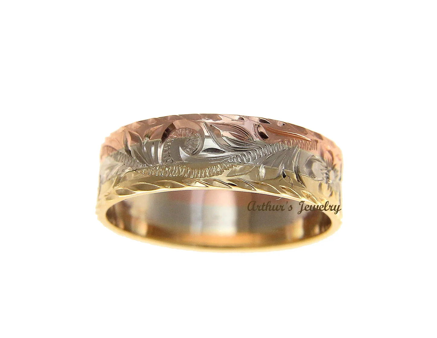14K YELLOW WHITE ROSE TRICOLOR GOLD HAND ENGRAVED HAWAIIAN PLUMERIA SCROLL 6MM RING