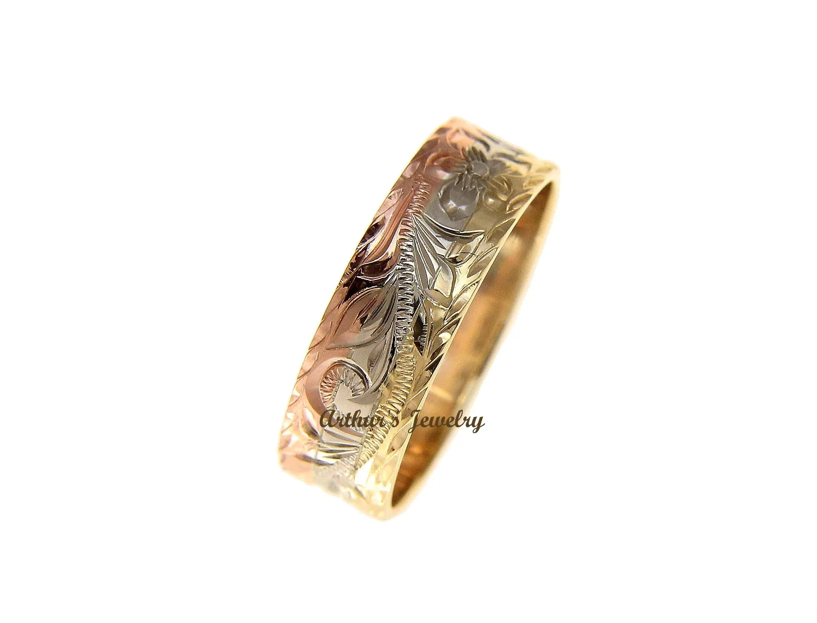 14K YELLOW WHITE ROSE TRICOLOR GOLD HAND ENGRAVED HAWAIIAN PLUMERIA SCROLL 6MM RING