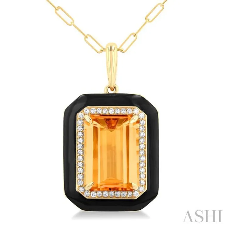 14x10 MM Emerald Cut Citrine and 1/5 ctw Round Cut Diamond Halo & Black Enamel Border Semi Precious Pendant With Chain in 14K Yellow Gold