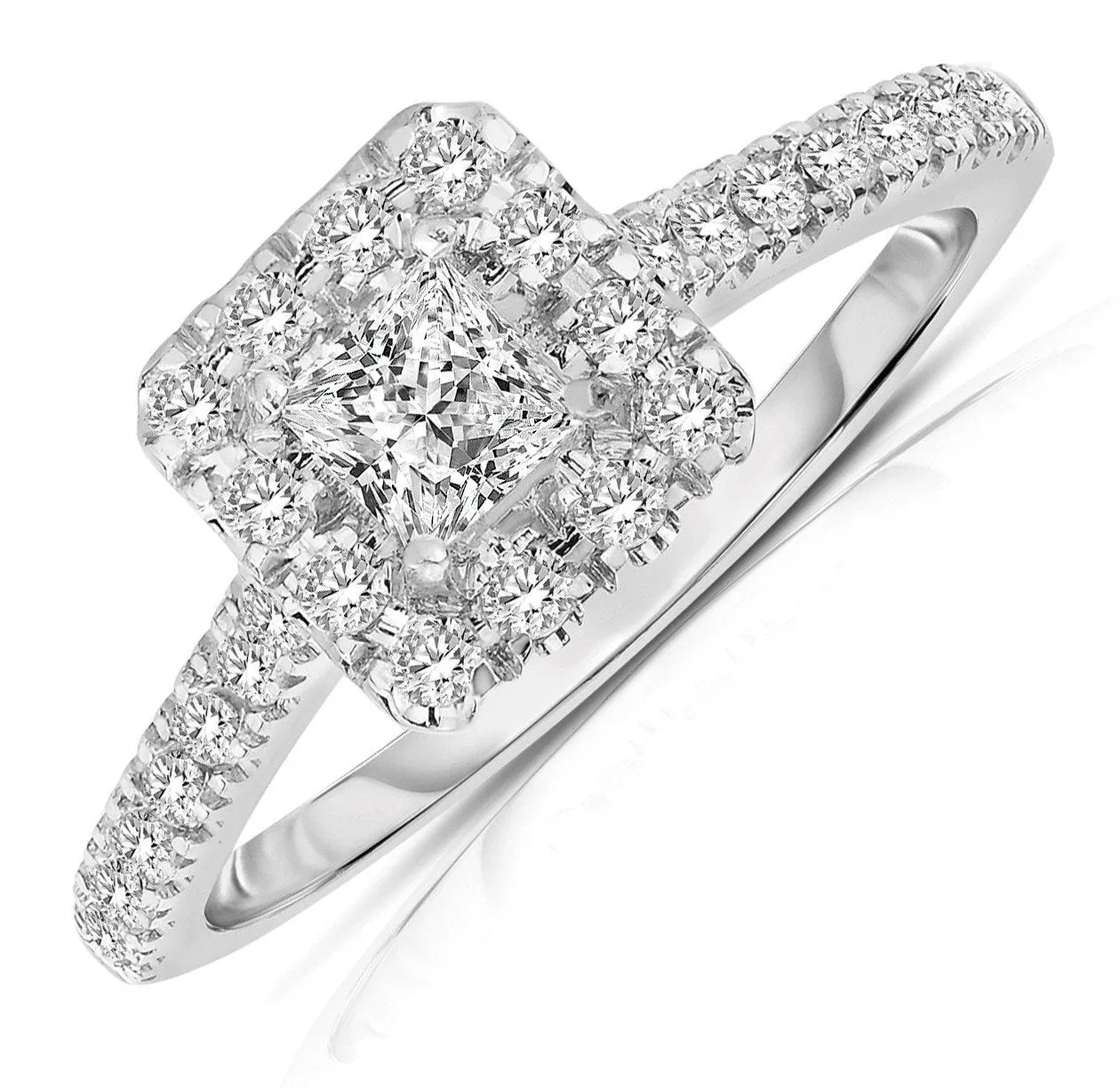 1.50 Carat Princess cut Halo Diamond Moissanite Engagement Ring with 18k Gold Plating