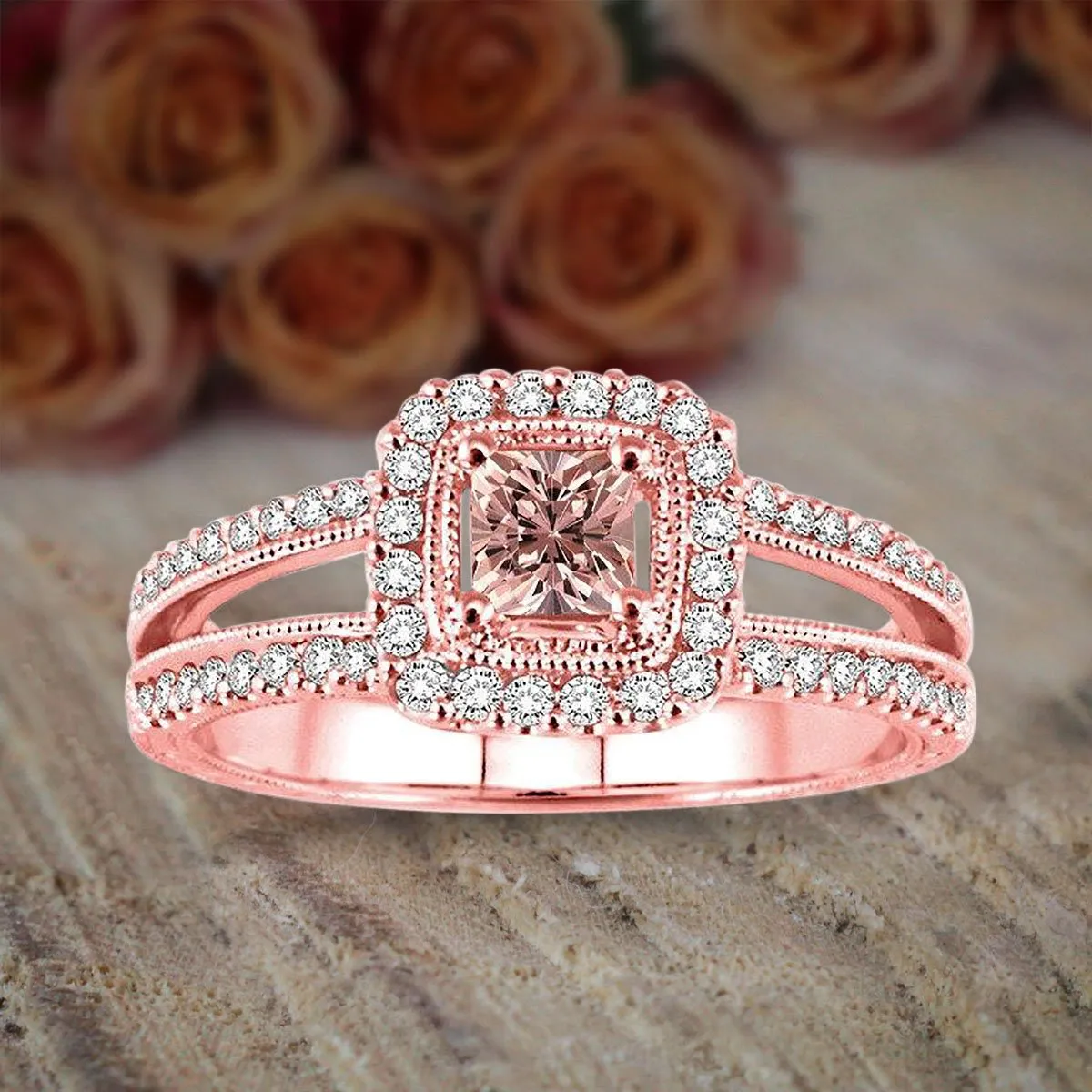 1.50 Carat Princess Cut Morganite And Diamond Moissanite Engagement Ring Halo Split Shank For Women With 18k Gold Plating