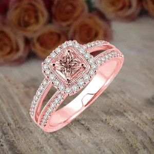 1.50 Carat Princess Cut Morganite And Diamond Moissanite Engagement Ring Halo Split Shank For Women With 18k Gold Plating