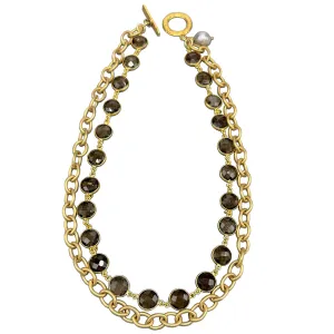 162-SMOKY-G | SMOKY QUARTZ & MATTE GOLD DOUBLE STRAND NECKLACE