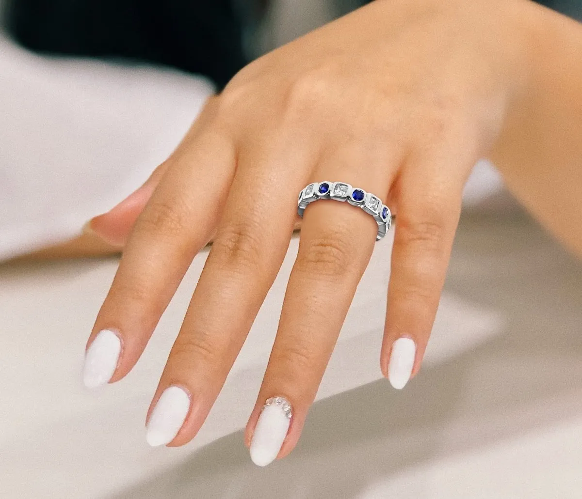 1.65 CT Round & Princess Cut Blue Sapphires & Diamonds - Eternity Ring