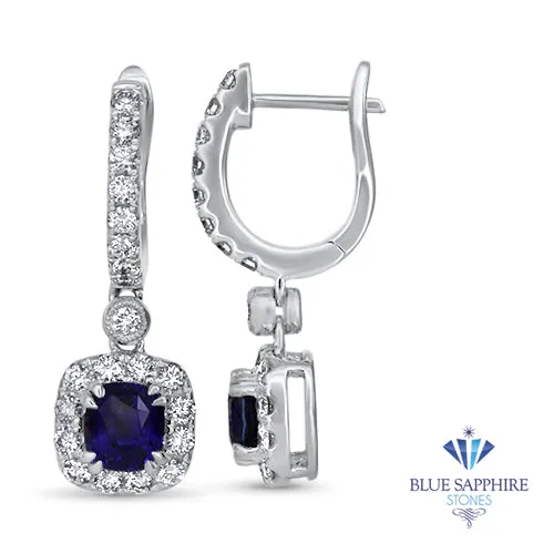 1.73ctw Round Blue Sapphire Earrings with diamond halo in 18K White Gold