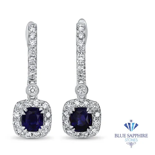 1.73ctw Round Blue Sapphire Earrings with diamond halo in 18K White Gold