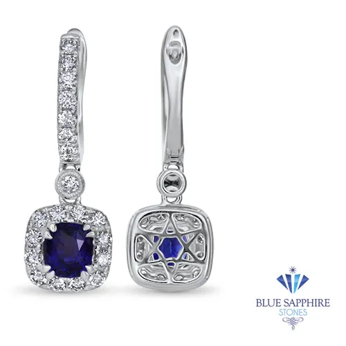 1.73ctw Round Blue Sapphire Earrings with diamond halo in 18K White Gold