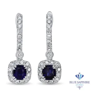 1.73ctw Round Blue Sapphire Earrings with diamond halo in 18K White Gold