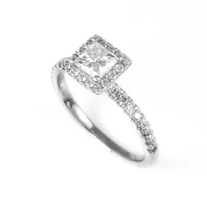 18ct White Gold & 0.76ct Princess Cut Diamond Halo Engagement Ring