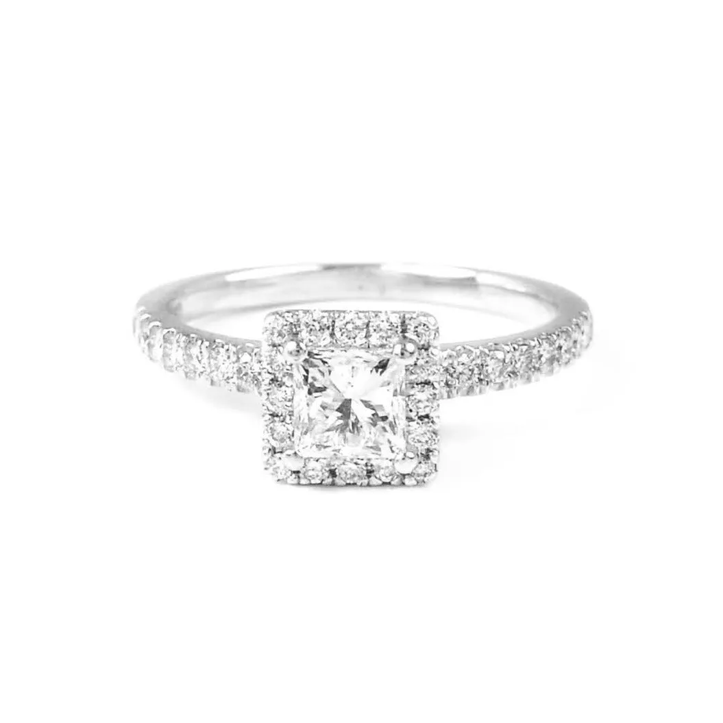 18ct White Gold & 0.76ct Princess Cut Diamond Halo Engagement Ring