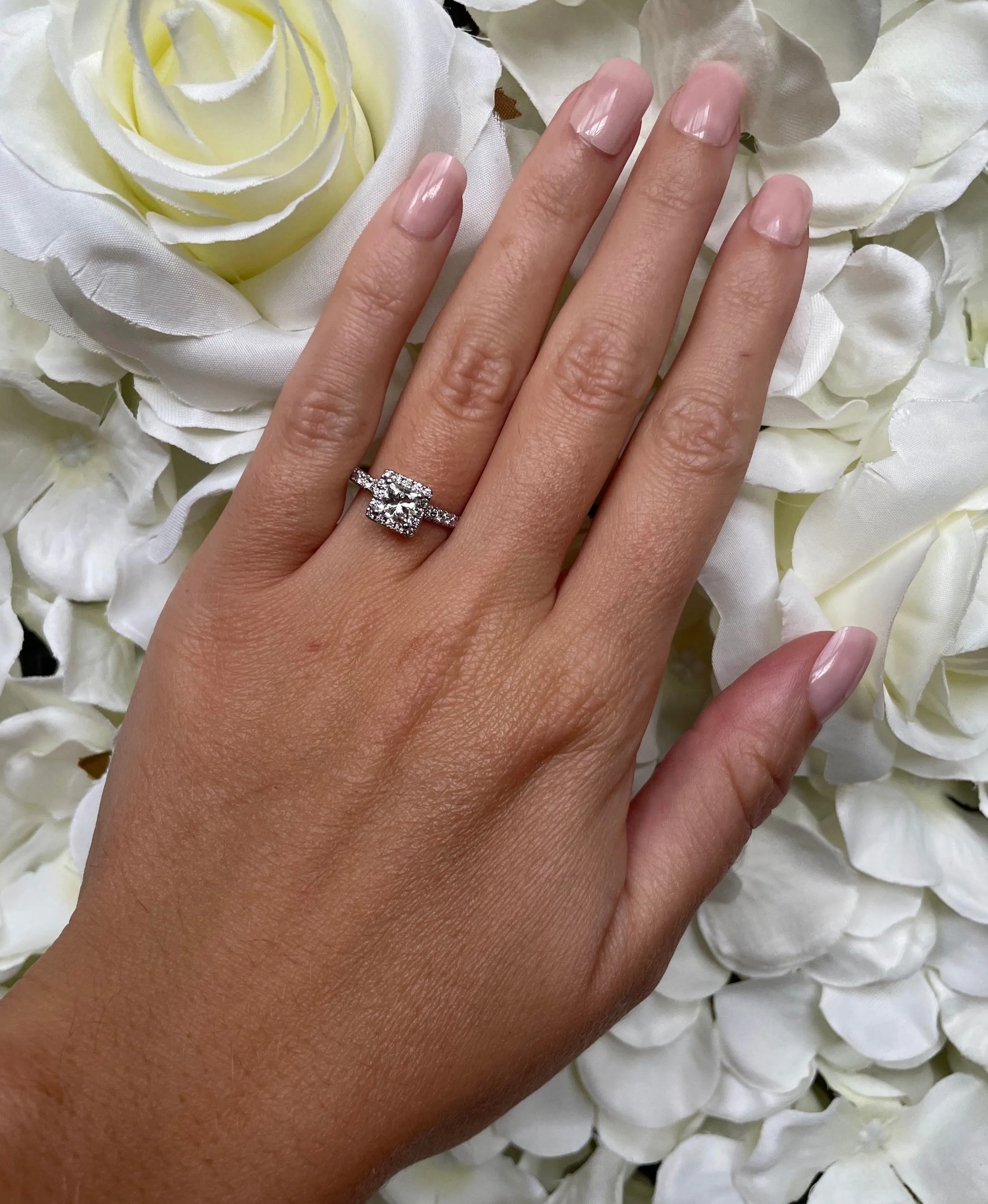 18ct White Gold & 0.76ct Princess Cut Diamond Halo Engagement Ring