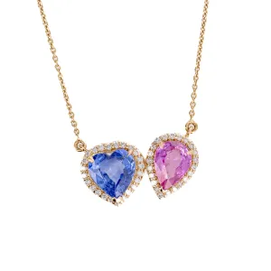 18K Rose Gold Blue Sapphire Pink Sapphire Heart Pear Two Stone Halo Necklace