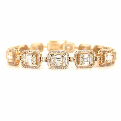 18K Round and Baguette Diamond Cluster Line Bracelet Yellow Gold