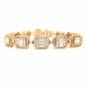 18K Round and Baguette Diamond Cluster Line Bracelet Yellow Gold