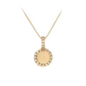 18K Yellow Gold 2.05 Carat Cabochon Opal Diamond Halo Pendant Necklace