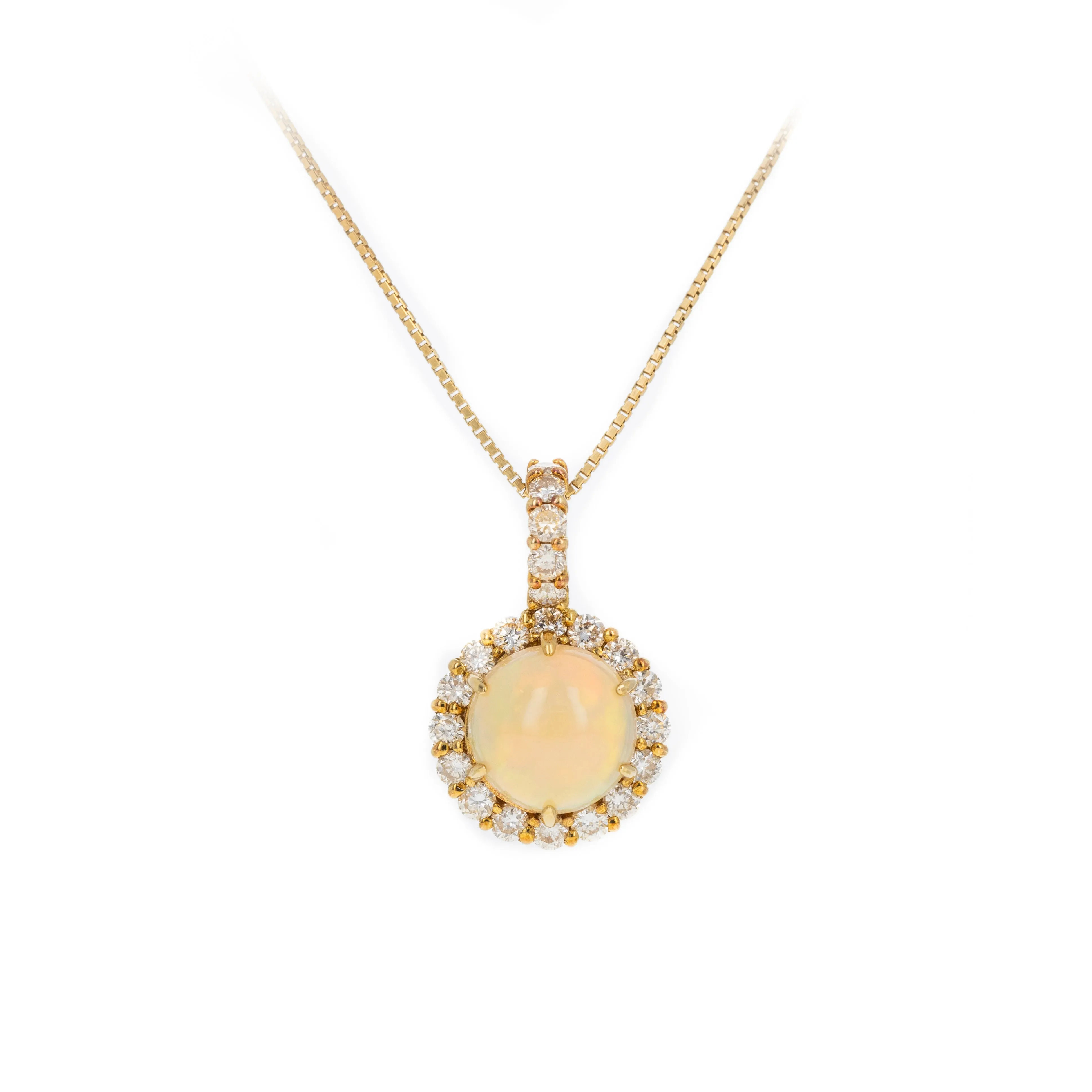 18K Yellow Gold 2.05 Carat Cabochon Opal Diamond Halo Pendant Necklace