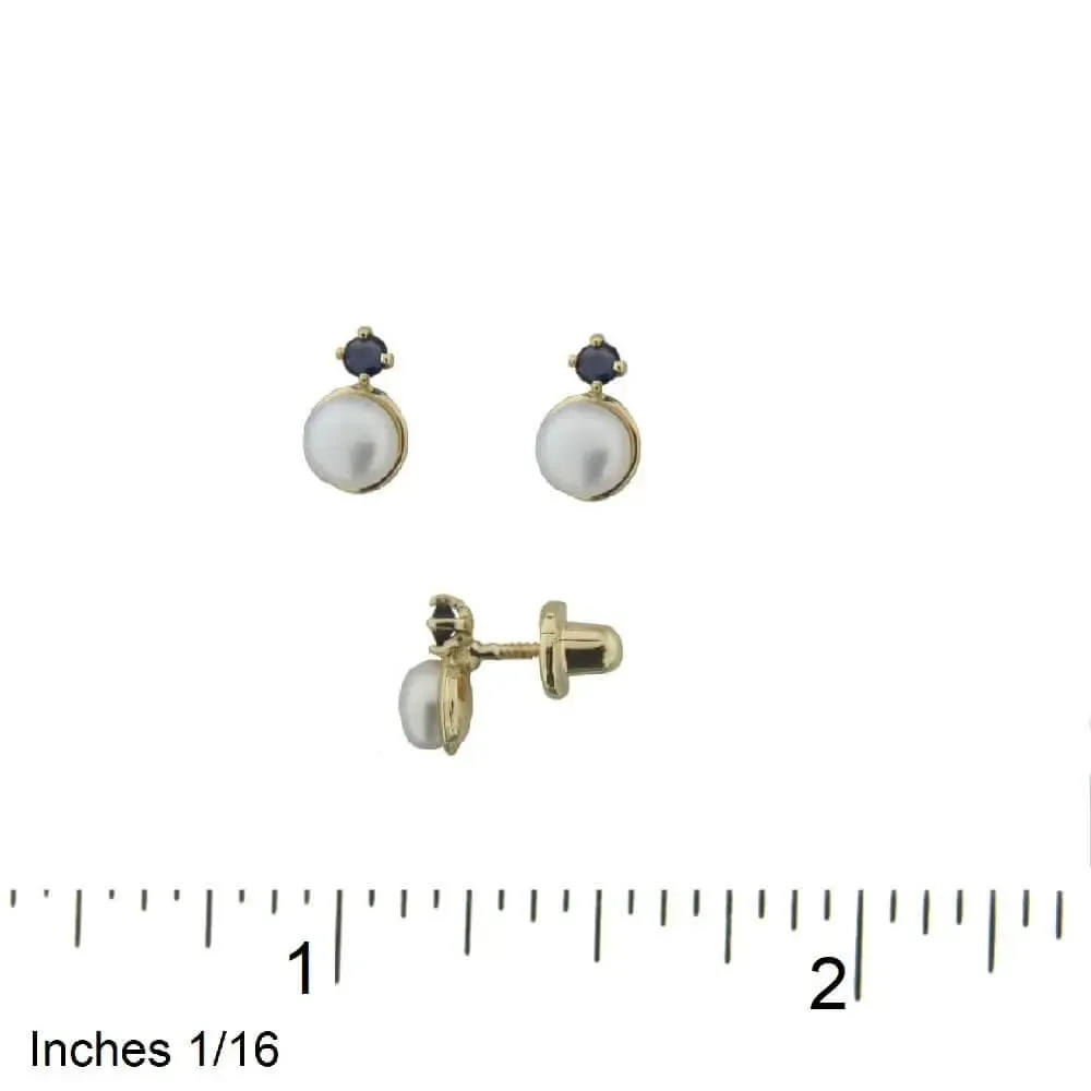 18K Yellow Gold Pearl and Sapphire Screwback Girl Earrings