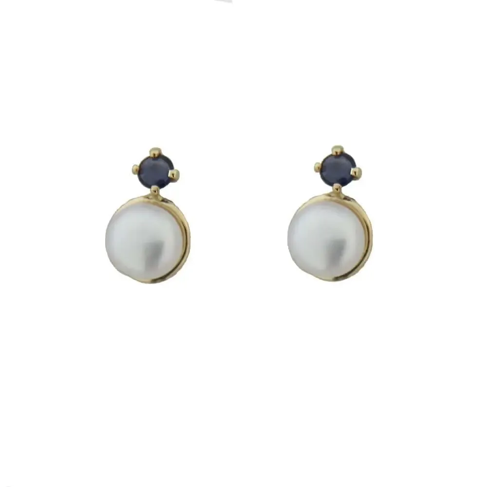 18K Yellow Gold Pearl and Sapphire Screwback Girl Earrings
