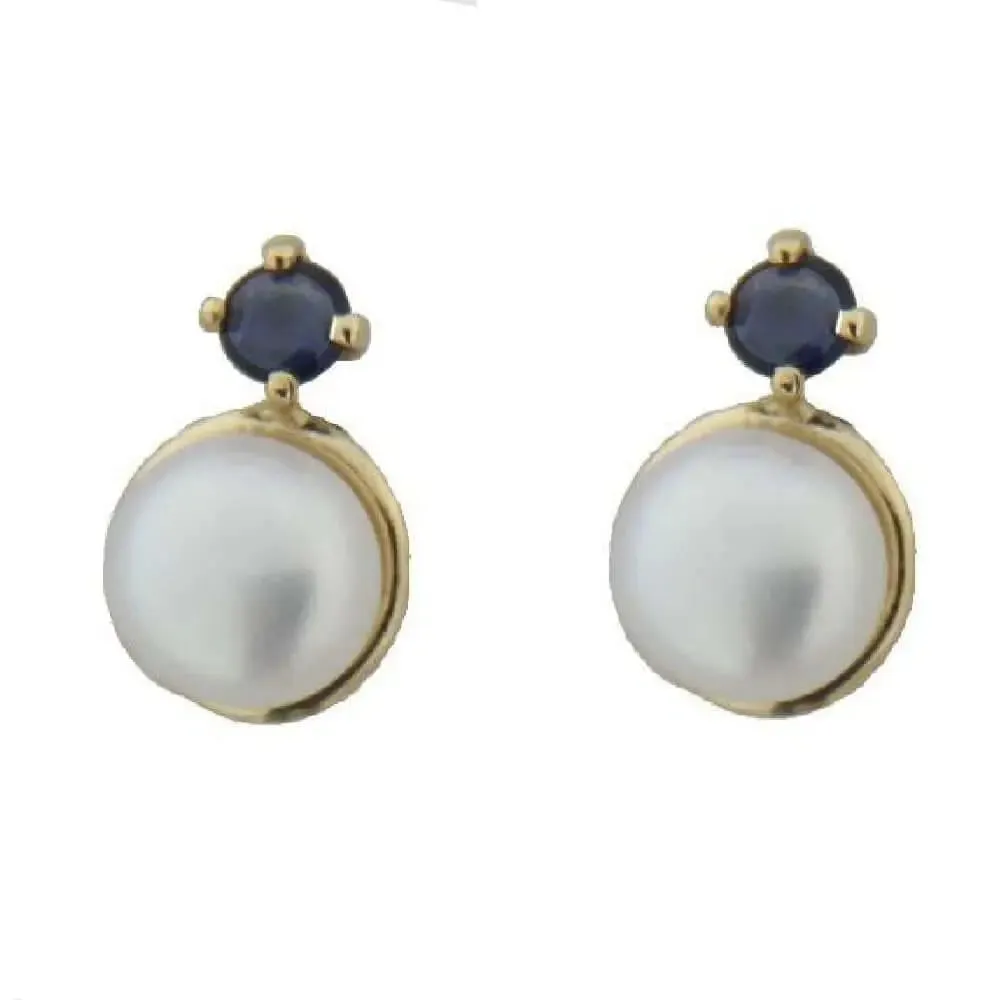 18K Yellow Gold Pearl and Sapphire Screwback Girl Earrings