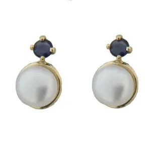 18K Yellow Gold Pearl and Sapphire Screwback Girl Earrings