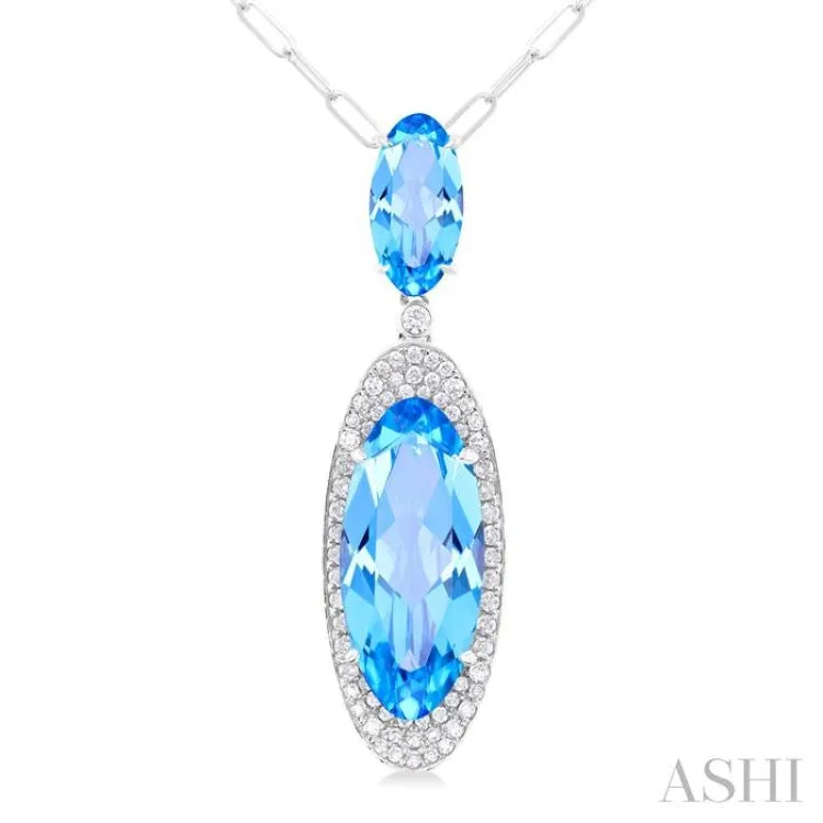18x8 MM & 10x5 MM Oval Cut Blue Topaz and 1/3 ctw Round Cut Diamond Halo Semi Precious Pendant With Chain in 14K White Gold