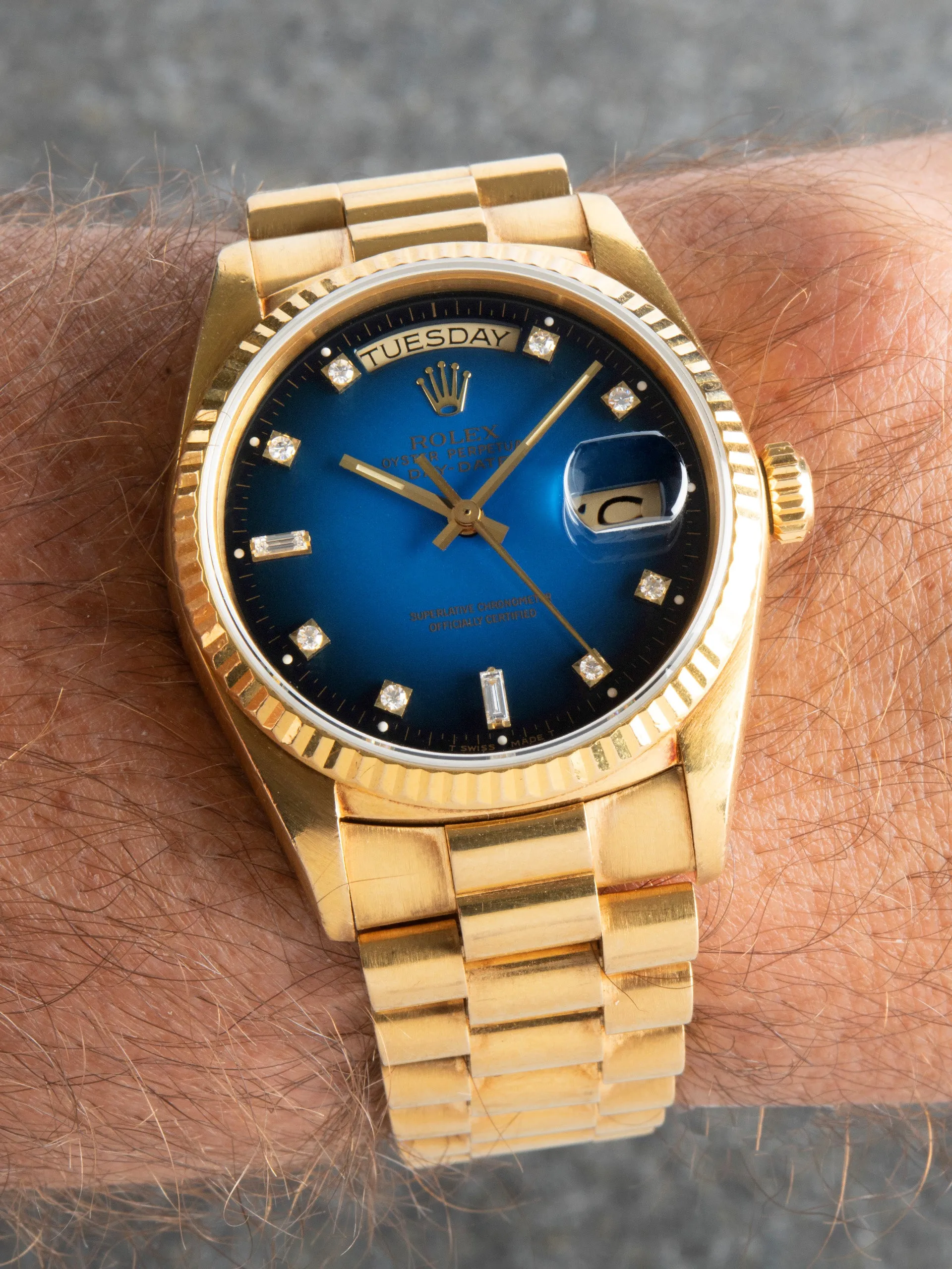 1986 Rolex Day-Date 18K YG (Ref. 18038) Blue Vignette Diamond Dial W/ Papers