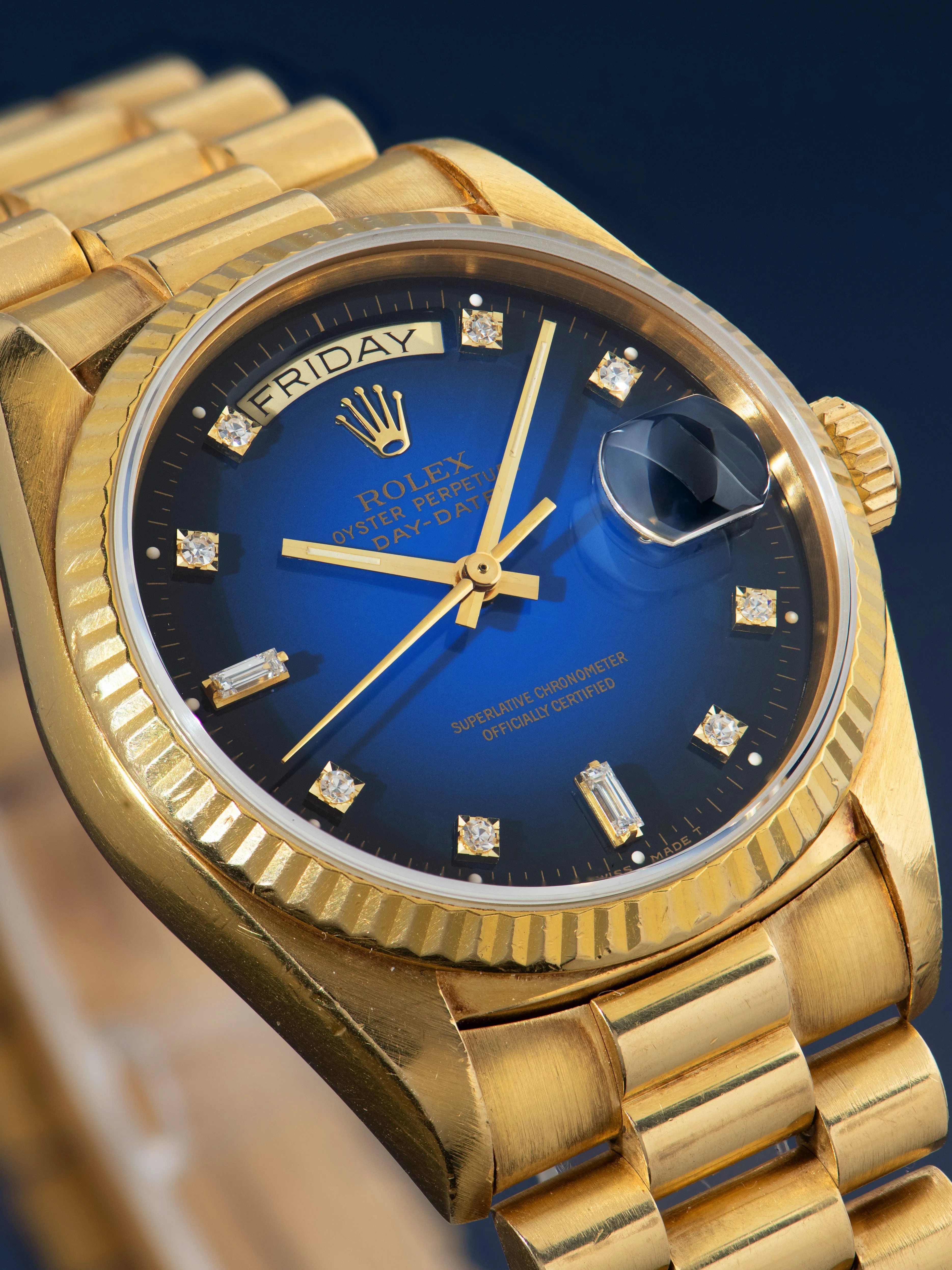 1986 Rolex Day-Date 18K YG (Ref. 18038) Blue Vignette Diamond Dial W/ Papers