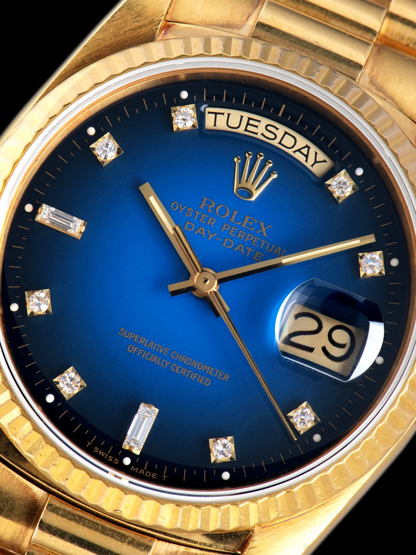 1986 Rolex Day-Date 18K YG (Ref. 18038) Blue Vignette Diamond Dial W/ Papers