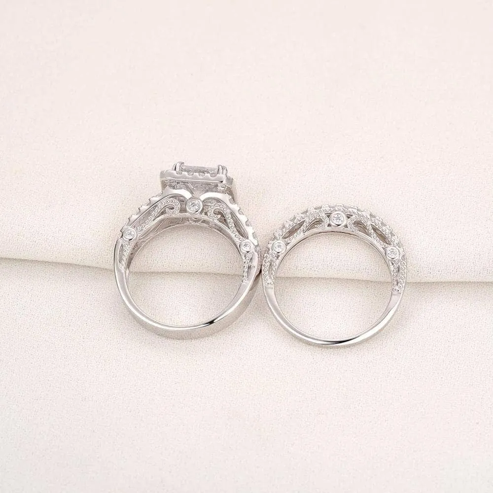 2 Pcs Princess Cut Created Diamond Engagement Ring Set