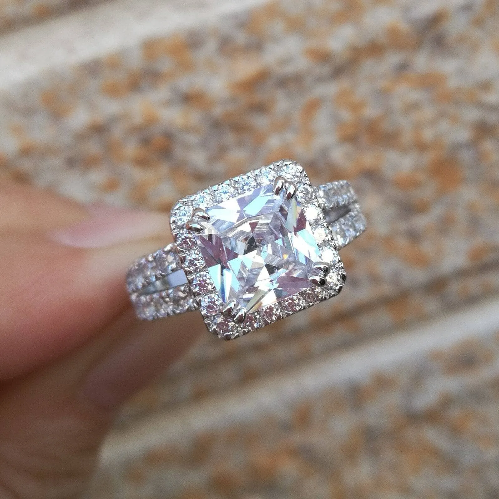 2 Pcs Princess Cut Created Diamond Engagement Ring Set