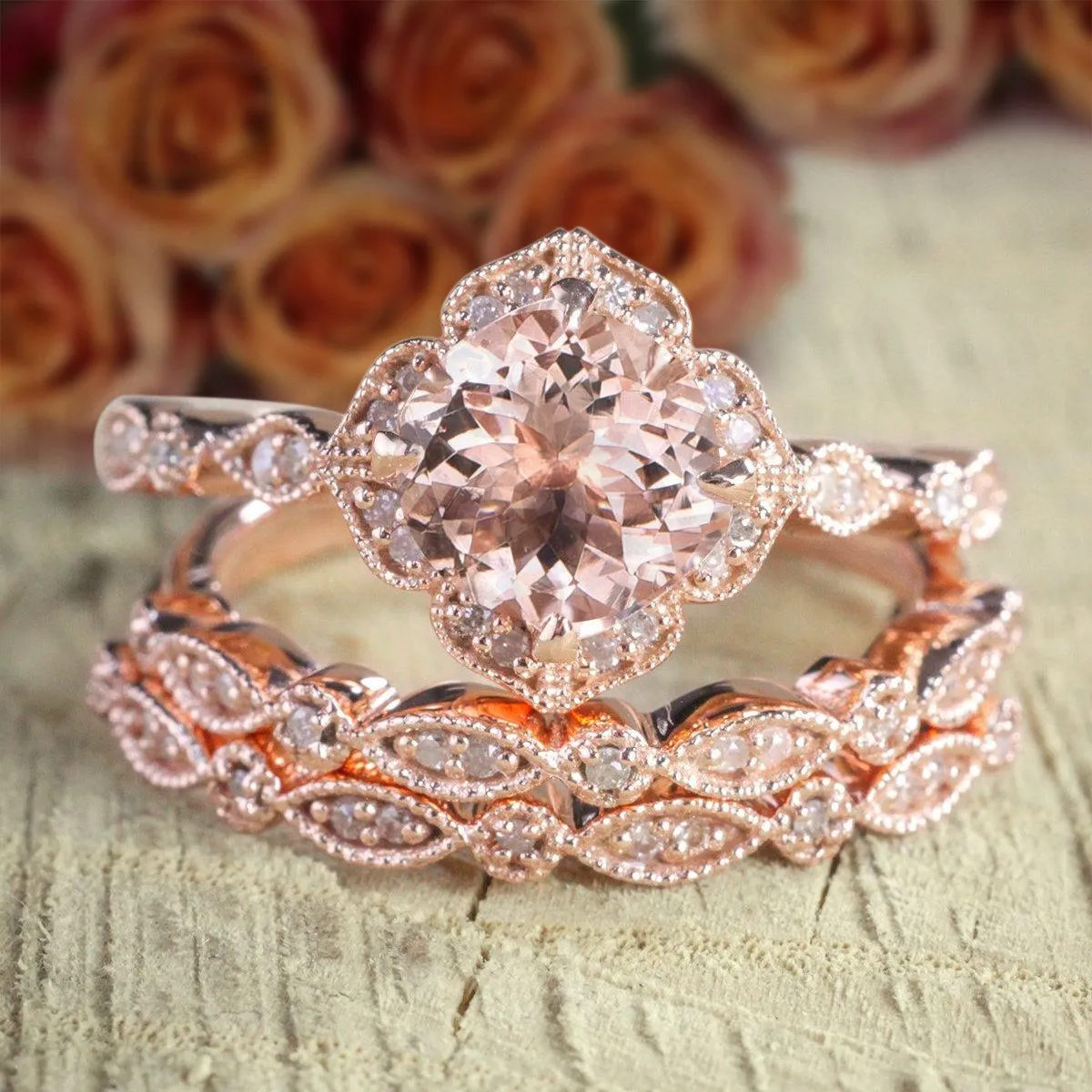 2.25 Carat Cushion Cut Morganite And Diamond Moissanite Trio Bridal Ring Set 1 Engagement Ring 2 Wedding Bands In 18k Gold Plating