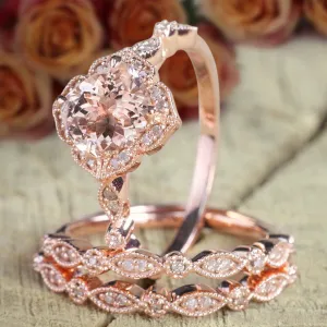 2.25 Carat Cushion Cut Morganite And Diamond Moissanite Trio Bridal Ring Set 1 Engagement Ring 2 Wedding Bands In 18k Gold Plating