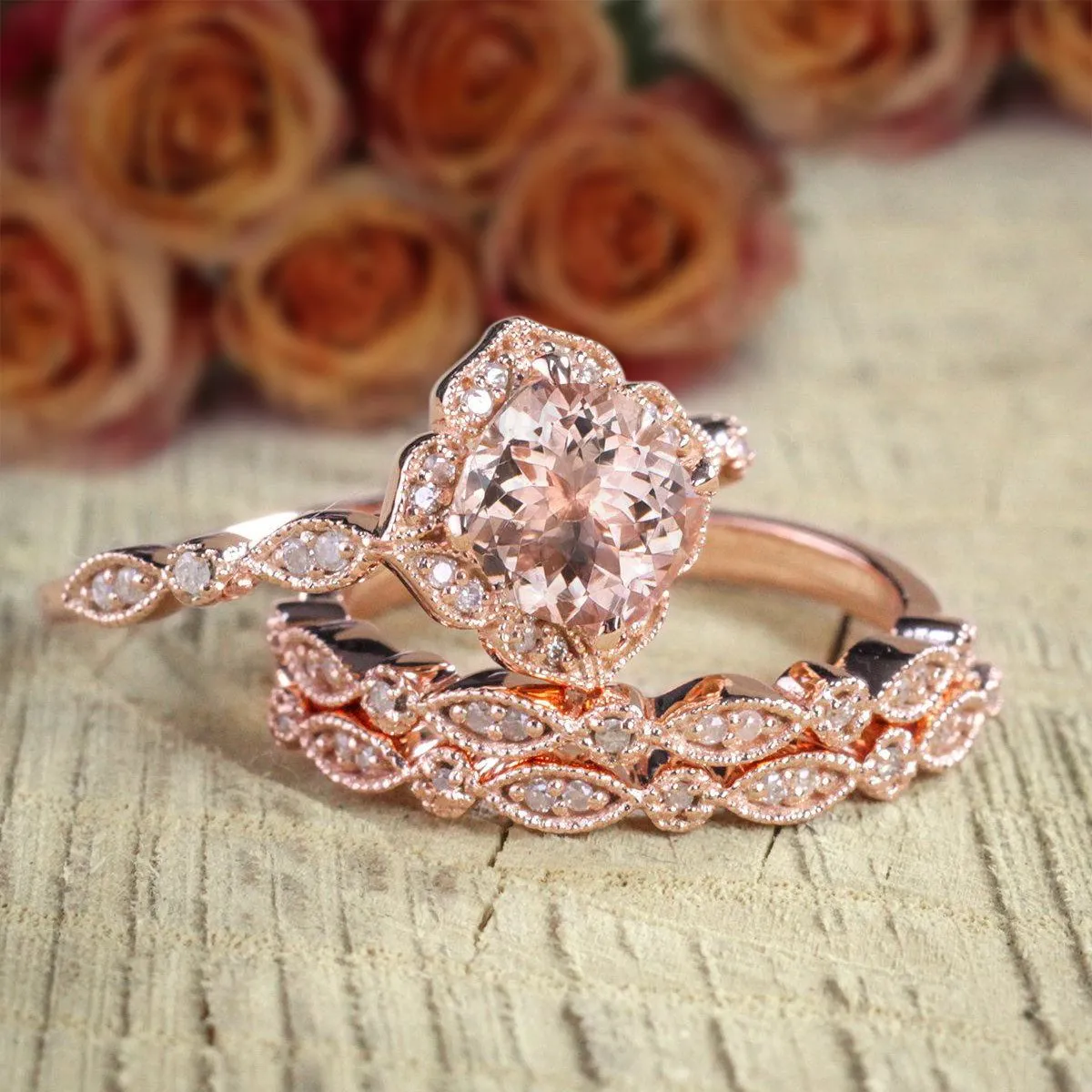 2.25 Carat Cushion Cut Morganite And Diamond Moissanite Trio Bridal Ring Set 1 Engagement Ring 2 Wedding Bands In 18k Gold Plating