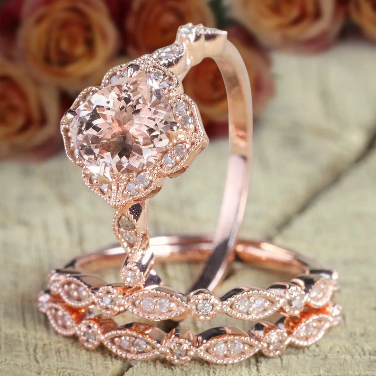 2.25 Carat Cushion Cut Morganite And Diamond Moissanite Trio Bridal Ring Set 1 Engagement Ring 2 Wedding Bands In 18k Gold Plating