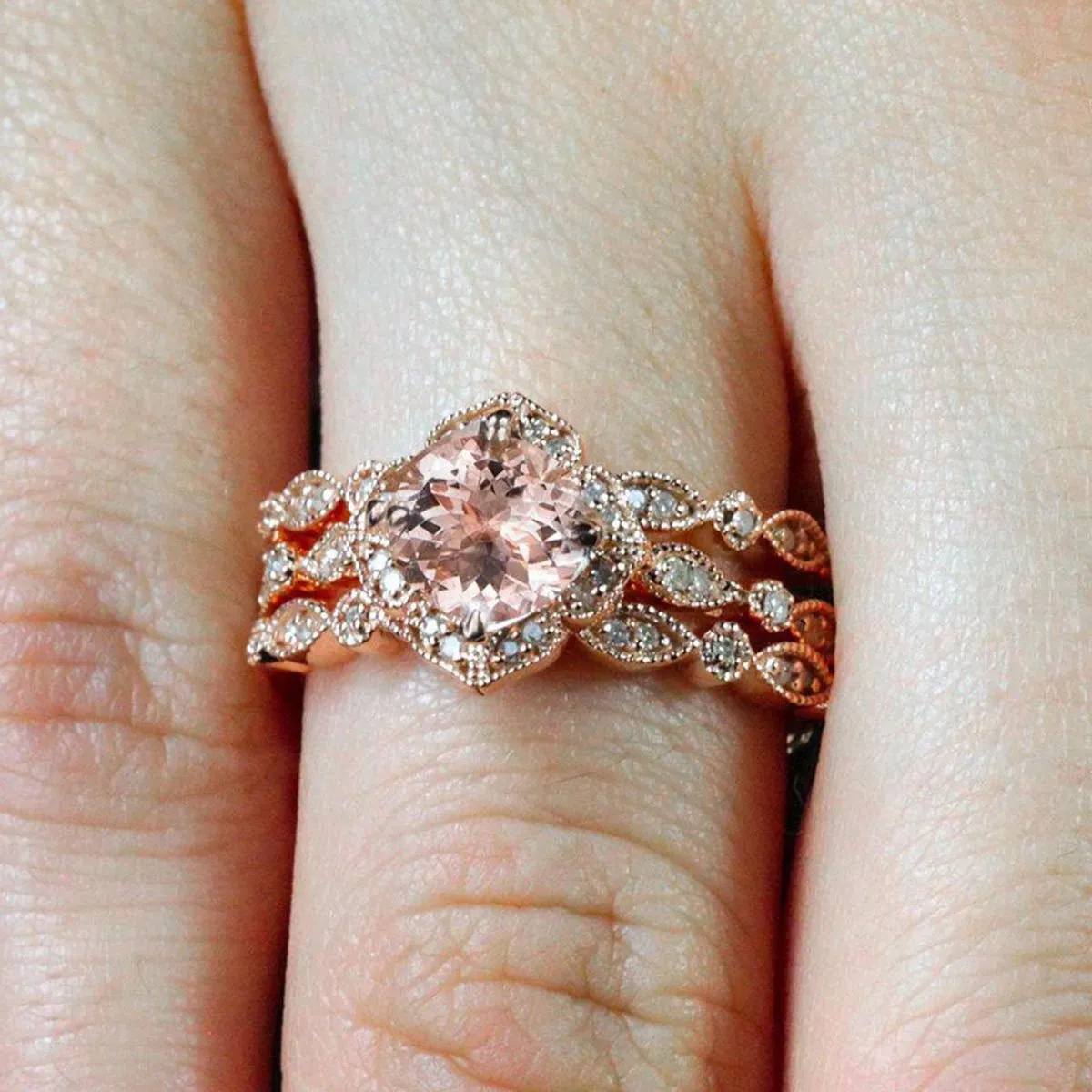 2.25 Carat Cushion Cut Morganite And Diamond Moissanite Trio Bridal Ring Set 1 Engagement Ring 2 Wedding Bands In 18k Gold Plating