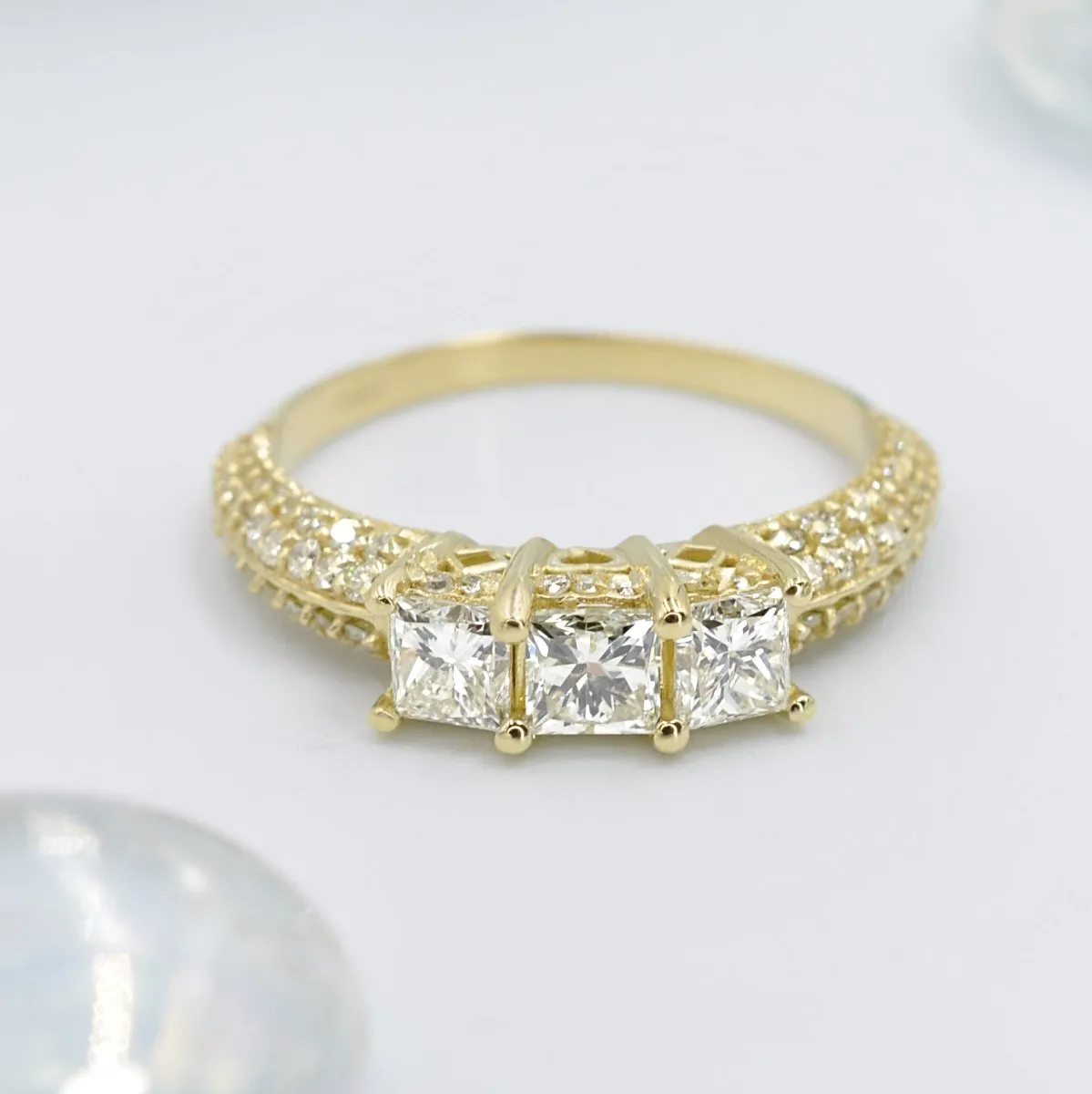 2.25 CT Round & Princess Cut Diamonds - Three Stone Ring