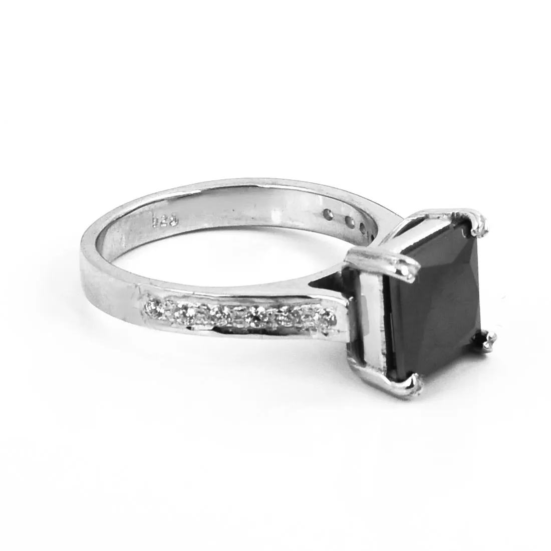 2.45 Ct Princess Shape Black Diamond Ring With Diamond Accents, Great Shine & Luster